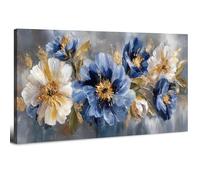 Arte Floral Azul Marino y Dorado 50.8 x 101.6 cm, Cuadro Abstracto Flores Blanco y Azul, Lienzo Moderno Estético, Decoración Pared para Sala de Estar Dormitorio Oficina Hogar Contemporáneo Minimalista