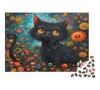 Arte Gato Caprichoso-Ilustración Floral Fantasía 1000 Piezas para Adultos y Niños: Gato Negro con Flores Coloridas Juegos Educativos Decoración del Hogar Rompecabezas para Familia 52x38cm/1000pcs
