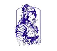 Arte lineal dibujado a mano que representa a una feroz chica samurái japonesa. Calcomanías de letras 50.4x81.8cm Removible sin dejar pegamento Azul oscuro