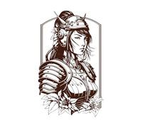 Arte lineal dibujado a mano que representa a una feroz chica samurái japonesa. Calcomanías de letras 57.6x93.4cm No se cae Café