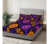 Arte Mexicano Flores Enredaderas Sábana Bajeras Ajustables, Microfibra Sábana Bajera 160 x 200 cm, Púrpura Juego de Ropa de Cama Adecuada para Un Colchón con Una Altura de 30cm con Funda de Almohada