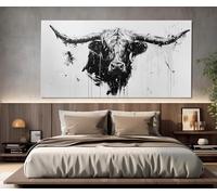 Arte mural abstracto de ganado de las Tierras Altas, Texas Longhorn, impresión en lienzo en blanco y negro, póster con temática de vida silvestre, decoración hogar (30 x 60 cm/marco interior)