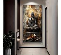 Arte mural abstracto moderno con Buda y símbolo de loto sobre lienzo (80 x 160 cm)
