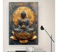 Arte mural budista abstracto - Póster impreso en lienzo, obra de arte de meditación budista serena con imagen dorada para sala de estar (50x75cm/Sin marco)