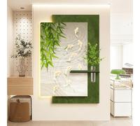 Arte Mural De Arenisca Con Luces LED, Gran Decoración Colgante De Pared Con Diseño De Nueve Peces, Jarrón De Vidrio Y Plantas Verdes Artificiales; Pintura Decorativa Sin Marco(C,60 * 90cm)