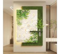 Arte Mural De Arenisca Con Luces LED, Gran Decoración Colgante De Pared Con Diseño De Nueve Peces, Jarrón De Vidrio Y Plantas Verdes Artificiales; Pintura Decorativa Sin Marco(A,60 * 90cm)