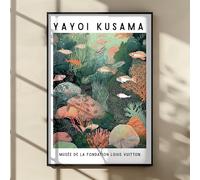 Arte mural de arrecife de coral, salvia verde, póster de Yayoi Kusama, pintura abstracta del océano sobre lienzo, decoración japonesa para baño (30 x 40 cm/sin marco)