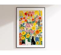 Arte mural de gato amarillo en jardín - Ilustración floral de gatos - Impresión giclée sobre lienzo (60 x 70 cm/sin marco)
