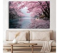 Arte mural de gran tamaño con diseño de bosque de flores rosas, inspirado en la pintura de paisajes florales, lienzo impreso en HD para sala de estar (60 x 90 cm, sin marco).