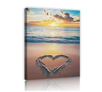 Arte mural de lienzo de playa Arena romántica Corazón de lienzo estampado Océano Olas del mar Póster del amanecer, Paisaje natural costero para decoración del dormitorio Cuadro interior 30x40cm