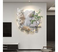 Arte Mural De Mariposas En 3D con Luces, Esculturas De Pared LED con Jarrón De Cristal, Interfaz USB; Pintura Decorativa De Plantas Verdes En Arenisca para El Hogar(White,50cm)