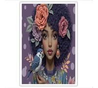 Arte Mural en Lienzo con Mujer Africana De Flores Y Pájaros Póster de Arte Estilo Étnico Retro Cuadro en Lienzo Decoración De Pared Para Salon Dormitorio Oficina, 80x120cm, Raíz De Loto Púrpura