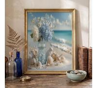 Arte Mural En Lienzo Hortensias Botellas De Vidrio Conchas Marinas, Estilo Costero Fresco Lienzo Impresión Artística Póster Cuadro Pared Decor De Pared Sala De Estar Hogar 80×120 cm, Sin Marco