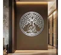 Arte Mural Espiritual de Buda Negro de Metal, decoración de Arte Mural de Naturaleza del árbol de la Vida de Metal, decoración de Arte para Sala de Yoga para Sala de Estar, Dormitorio, pasil