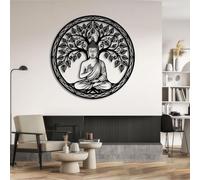 Arte Mural Espiritual de Buda Negro de Metal, decoración de Arte Mural de Naturaleza del Árbol de la Vida de Metal, decoración de Arte para Sala de Yoga para Sala de Estar, Dormitorio, pasil