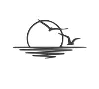 Arte mural metálico con gaviotas al atardecer - Escultura decorativa con destellos de sol - Arte minimalista de líneas de amanecer para interiores y exteriores (negro, 59 cm de largo x 35 cm de