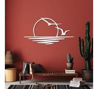 Arte mural metálico con gaviotas al atardecer - Escultura decorativa con destellos de sol - Arte minimalista de líneas de amanecer para interiores y exteriores (blanco, 120 cm de largo x 70 cm de