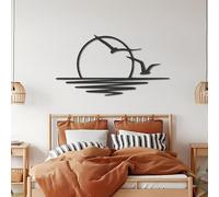Arte mural metálico con gaviotas al atardecer - Escultura decorativa con destellos de sol - Arte minimalista de líneas de amanecer para interiores y exteriores (negro, 140 cm de largo x 87 cm de