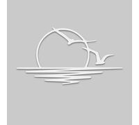 Arte mural metálico con gaviotas al atardecer - Escultura decorativa con destellos de sol - Arte minimalista de líneas de amanecer para interiores y exteriores (blanco, 59 cm de largo x 35 cm de