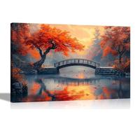 Arte Mural Sin Enmarcar,Paisaje Otoñal Puente Peatonal sobre Río Pintura al Óleo,Arce Rojo Reflejo del Lago Impresiones de Escena Póster,Decor de pared naturaleza Zen para dormitorio oficina en casa