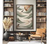 Arte murale su tela testurizzata, arte Wabi Sabi con onde giapponesi, poster Japandi con uccelli in volo, arte murale Scandi Zen nei toni della terra 30x40 cm senza cornice
