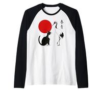 Arte Natural japonés: Gato Sol Rojo y Grulla Camiseta Manga Raglan