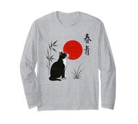 Arte Natural japonés: Gato y bambú con Puesta de Sol roja Manga Larga