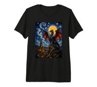 Arte Nocturno Estrellado de Van Gogh con dragón Iluminado por la Luna gótico Medieval Camiseta Premium
