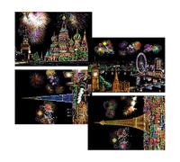 Arte para rascar, kit de pintura para rascar, tablero de rascar para grabado, vista nocturna, 4 hojas, patrón de construcción de ciudad, tarjeta de boceto A4 con bolígrafo, material de papel, 8.27 x