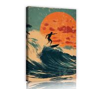 Arte pared en lienzo estilo Ukiyo-E vintage Surfer Ocean Sunset Pictures Wall Decor Beach Wave Lienzos para decoración hogar dormitorio 50x75cm Marco interior