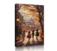 Arte pared en lienzo la cabaña Halloween Bruja mágica Silueta niña pequeña Póster Decoración pared para dormitorio Estar Baño Oficina listo para colgar Marco interior 35x55cm