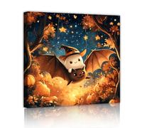 Arte pared en lienzo murciélago Halloween Impresiones espeluznantes calabaza en el bosque Lindo Mural bruja Otoño Estrellas Obra arte Póster Pintura para decor dormitorio Marco interior 70x70cm