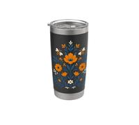 Arte Popular Nórdico Floral Abejas Jardín Naturaleza Motivo Vaso térmico de acero inoxidable de doble pared