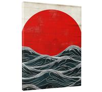 Arte rectangular de pared con diseño de amanecer, retro, japonés, sol, bohemio, abstracto, olas, océano, mar, rojo, gris, azul oscuro, lona, decoración, impermeable, para guardería, dormitorio, cocina