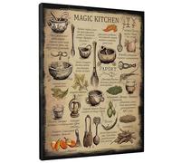 Arte rectangular de pared con diseño de bruja, hojas, letrero de metal, fruta, comida, palabra vintage, lienzo amarillo claro, negro, extraíble, impermeable, decoración para cocina, comedor, oficina