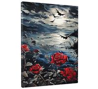 Arte rectangular de pared con diseño de rosas, río espeluznante, luna botánica, nube, hojas florales, cielo nocturno, pájaro, azul, rojo, lienzo, decoración impermeable, para colgar en la universidad