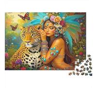 Arte Reina de la Jungla Rompecabezas de 1000 Piezas para Regalar para Adultos Mujer Tribal Abrazando Jaguar Salvaje Gentil Premium Robusto Vibrante Desafiante Difícil Alivio de Estrés 38x26cm/1000pzs
