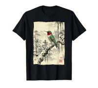 Arte Retro japonés de Pino y colibrí con Estampado de Bloques Camiseta