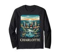 Arte Retro Vintage del Horizonte de Charlotte, Carolina del Norte Manga Larga