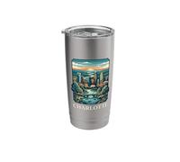 Arte retro vintage del horizonte de Charlotte, Carolina del Norte Vaso térmico de acero inoxidable de doble pared