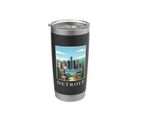 Arte retro vintage del horizonte de Detroit, Michigan, frente al río Vaso térmico de acero inoxidable de doble pared