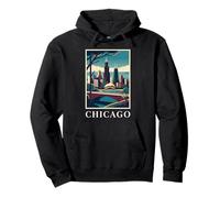 Arte Retro Vintage del Paisaje Urbano del Horizonte de Chicago, Illinois Sudadera con Capucha