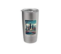 Arte retro vintage del paisaje urbano del horizonte de Chicago, Illinois Vaso térmico de acero inoxidable de doble pared