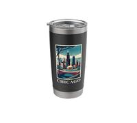 Arte retro vintage del paisaje urbano del horizonte de Chicago, Illinois Vaso térmico de acero inoxidable de doble pared