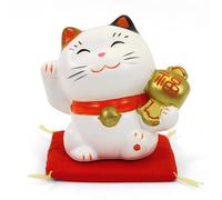 Arte Saigón Maneki Neko japonés, gato de la suerte de la pata levantada, Lucky Cat, hecho en Japón - Estatuilla de cerámica blanca, suerte, prosperidad, riqueza, salud (H7,5cm)(S49-7171)