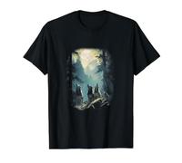 Arte sobre la Vida Silvestre del Bosque Lunar Tropical de Wolf Pack Camiseta gráfica económica, Hombre, Negro, M