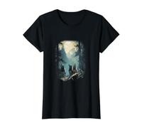Arte sobre la Vida Silvestre del Bosque Lunar Tropical de Wolf Pack Camiseta gráfica económica, Mujer, Negro, XS