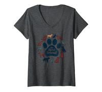 Arte Tributo a los Amantes de los Perros con Estampado de Pata de Perro de My Best Friend Camiseta Cuello V, Mujer, Jaspeado Oscuro, S