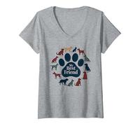 Arte Tributo a los Amantes de los Perros con Estampado de Pata de Perro de My Best Friend Camiseta Cuello V, Mujer, Gris Jaspeado, S