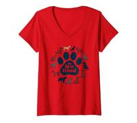 Arte Tributo a los Amantes de los Perros con Estampado de Pata de Perro de My Best Friend Camiseta Cuello V, Mujer, Rojo, L